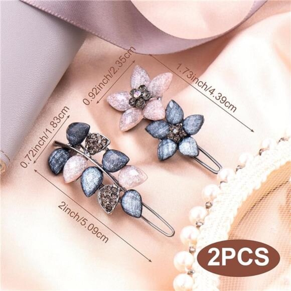 2Pcs 2inch Vintage Rhinestone Hair Barrettes Pink Gray Small Flower Clips - Picture 3 of 6